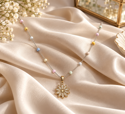 Pastel Beaded Necklace with Gold-Tone Floral Pendant