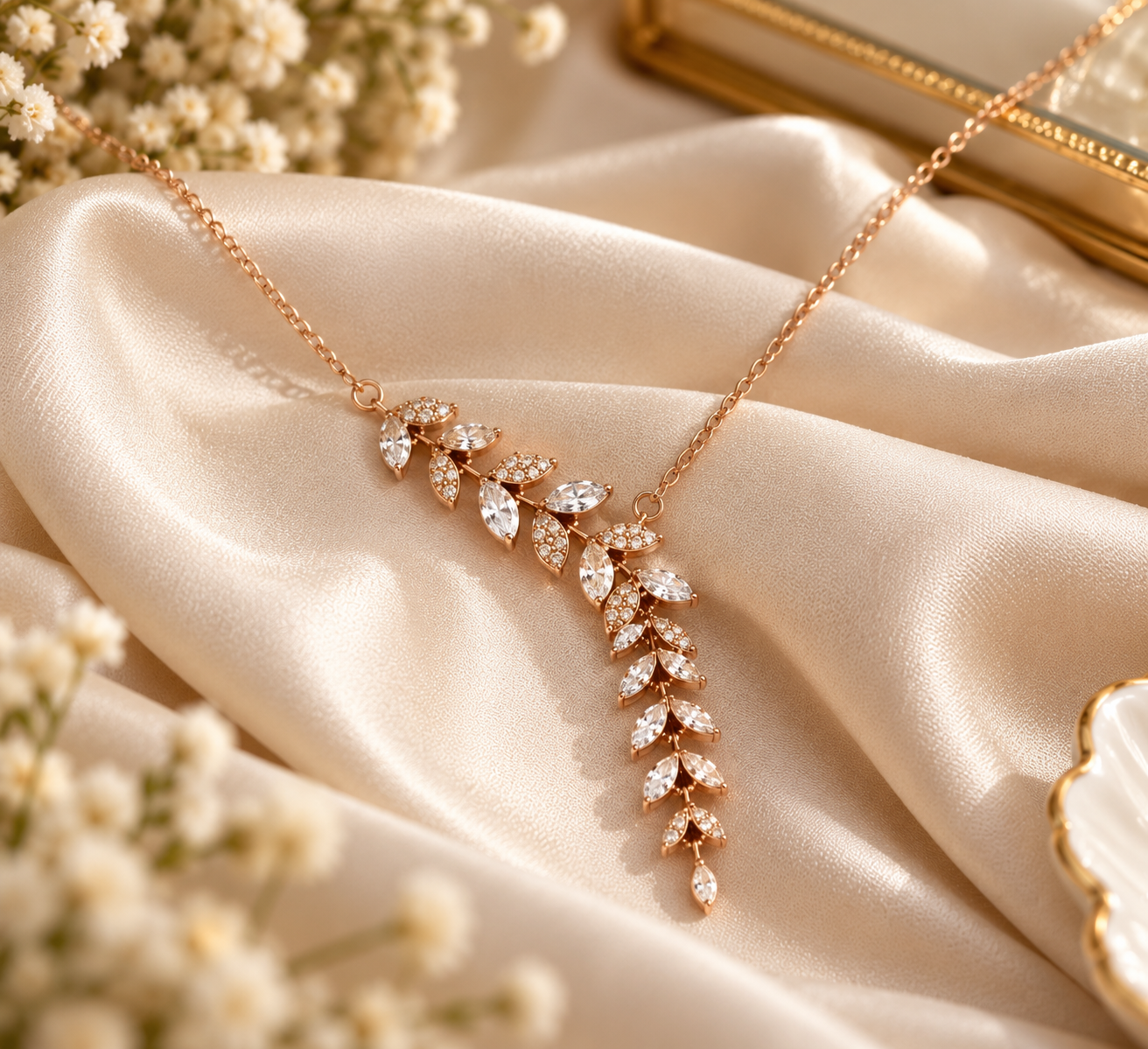Rose Gold Leaf Vine Pendant Necklace with Clear Stones