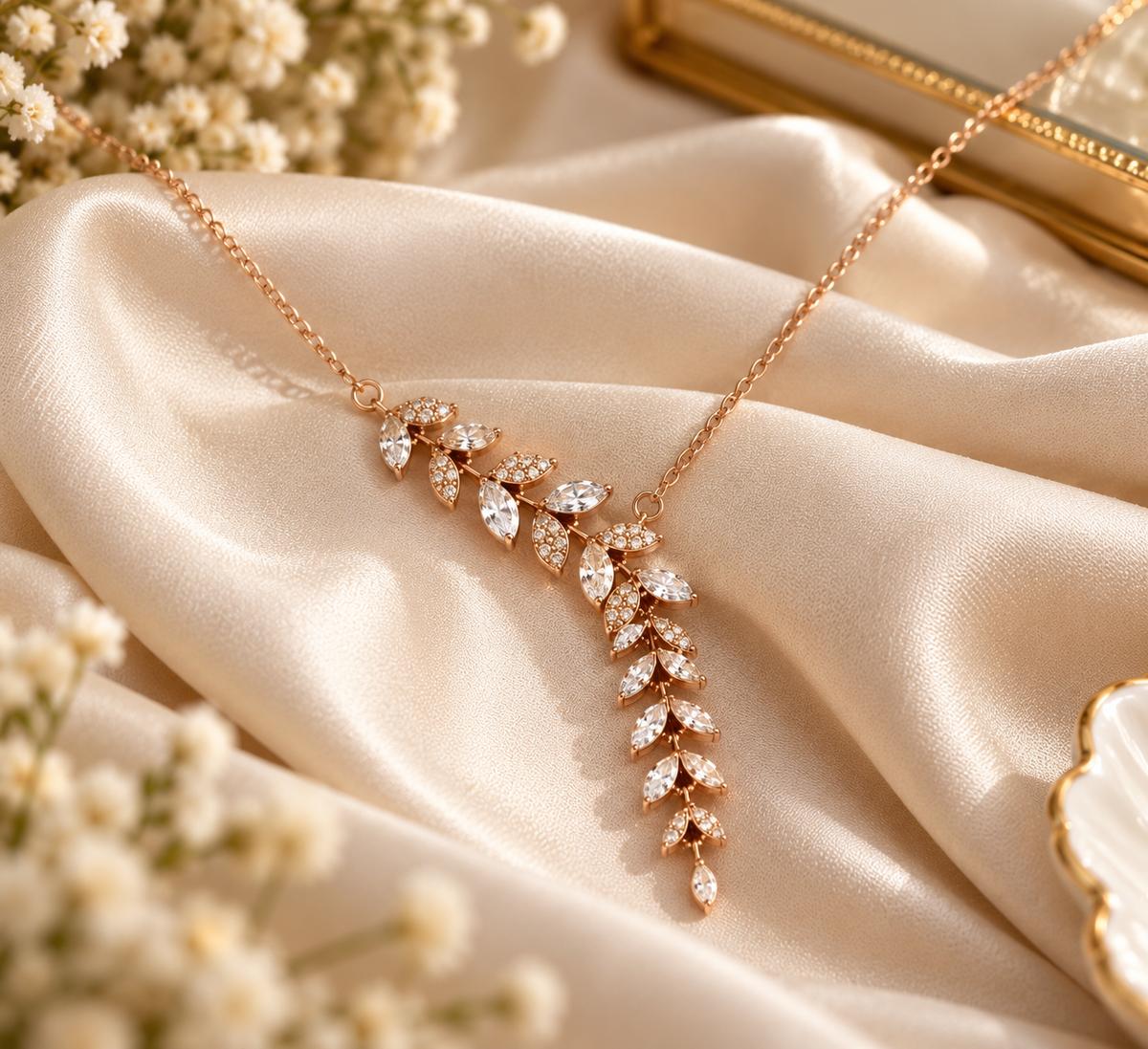 Rose Gold Leaf Vine Pendant Necklace with Clear Stones