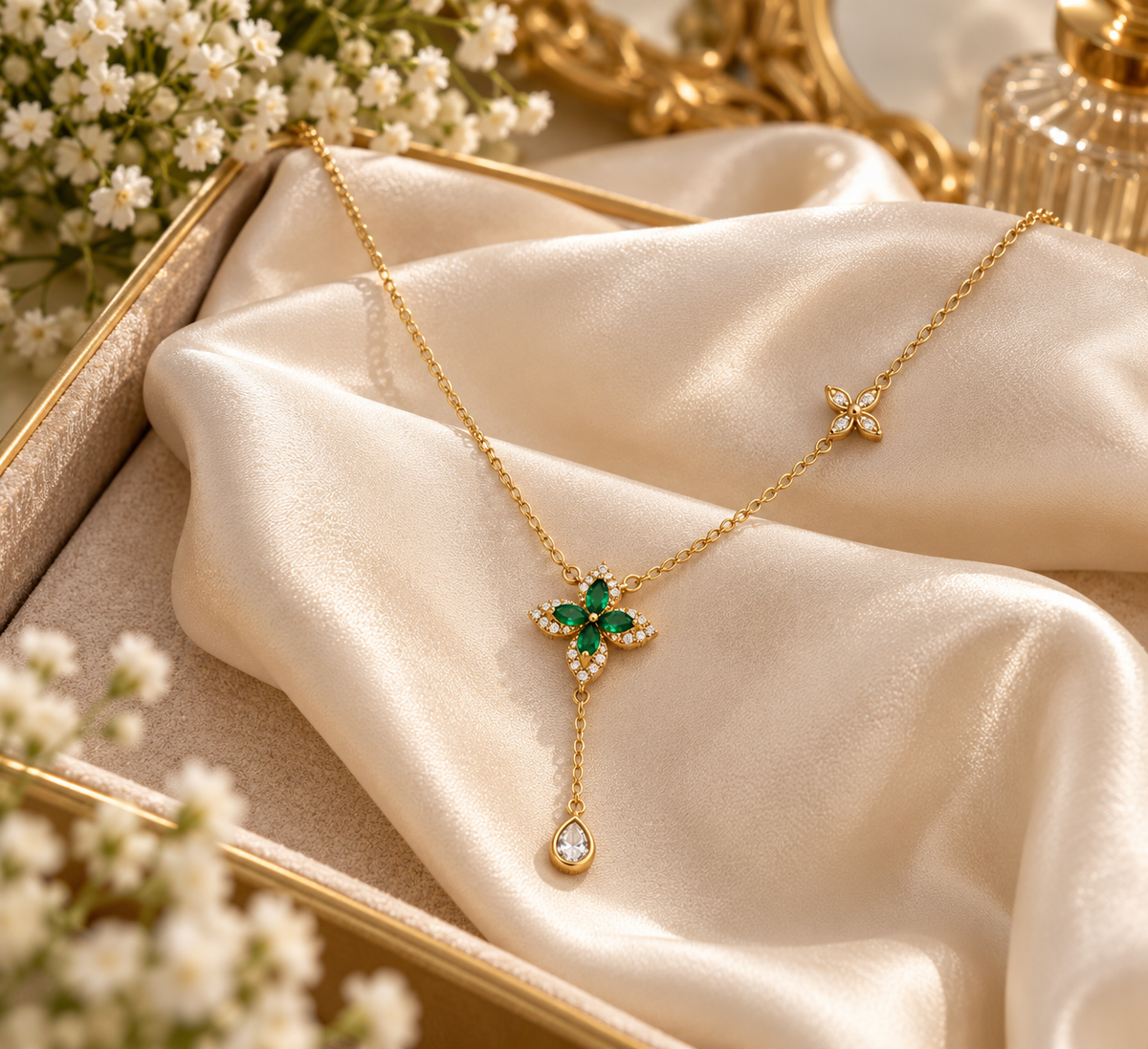 Gold-Tone Green Floral Pendant Necklace with Teardrop Charm