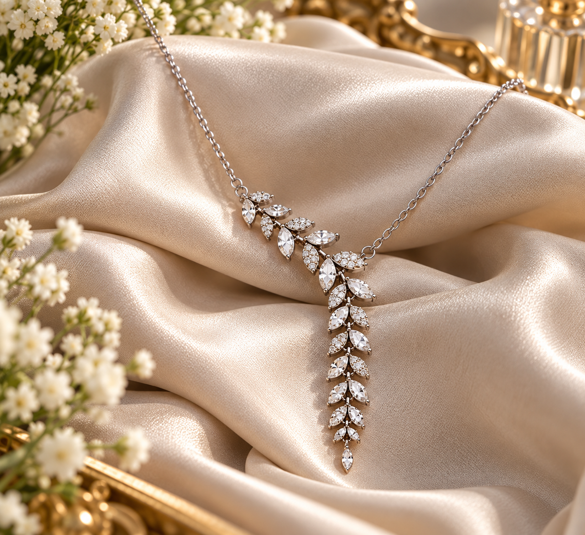 Silver-Tone Cascading Leaf Pendant Necklace with Clear Stones
