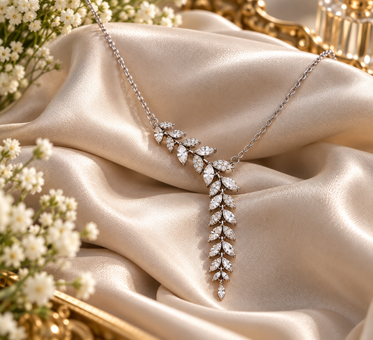 Silver-Tone Cascading Leaf Pendant Necklace with Clear Stones
