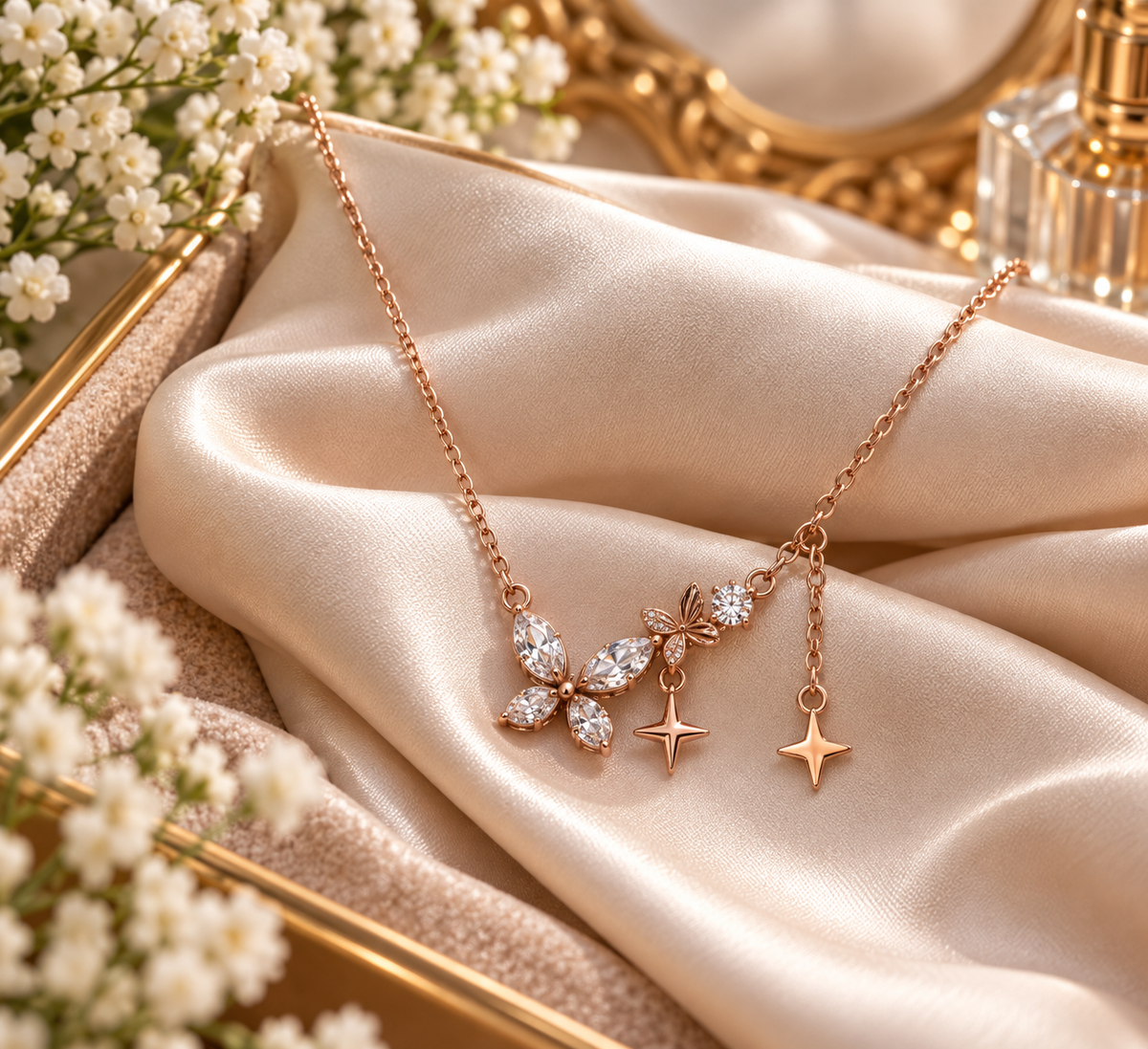Rose Gold Floral Charm Necklace with Star Pendants