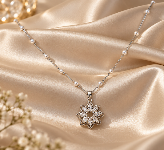 Pearl Beaded Necklace with Sparkling Floral Pendant