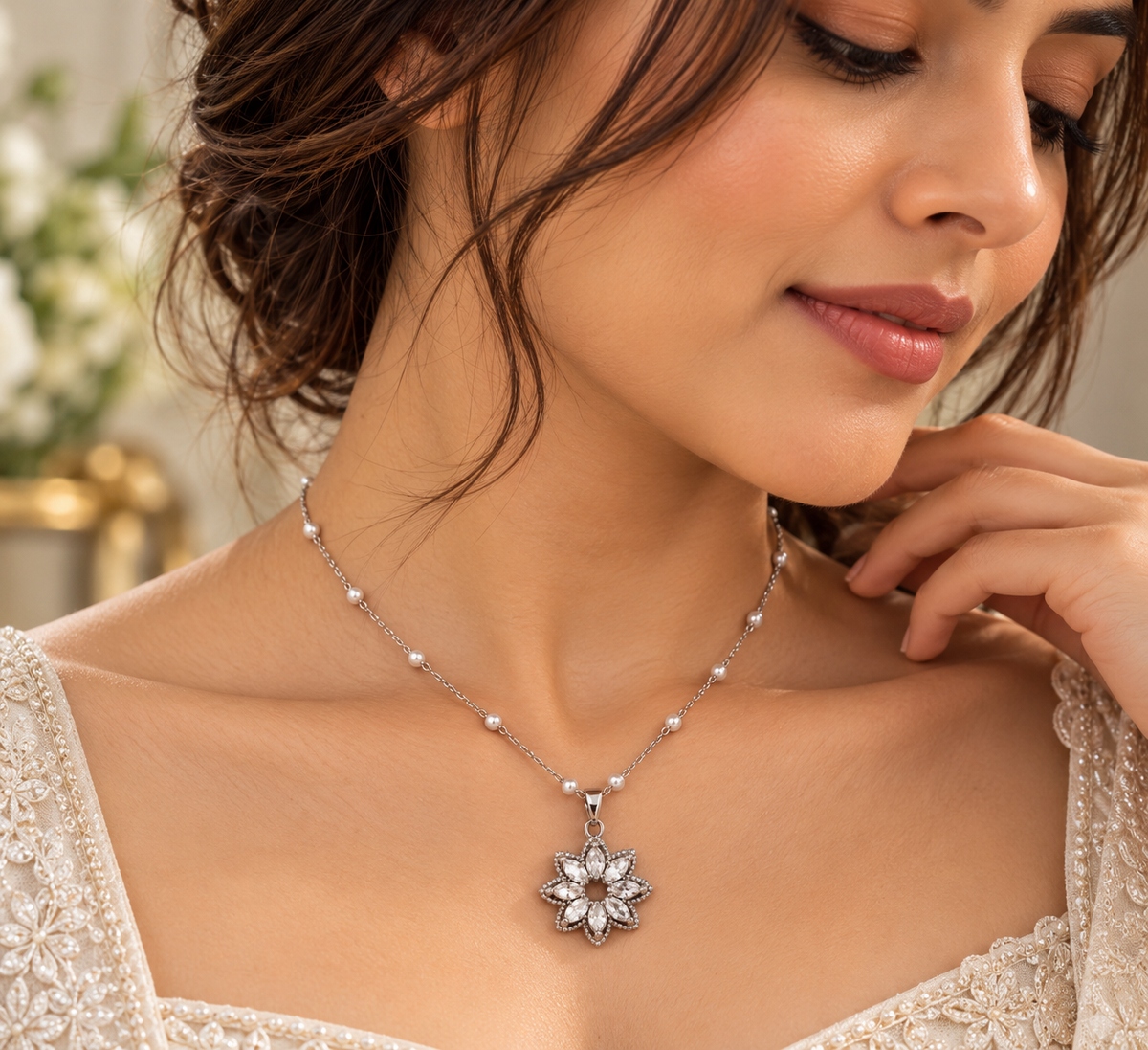Pearl Beaded Necklace with Sparkling Floral Pendant