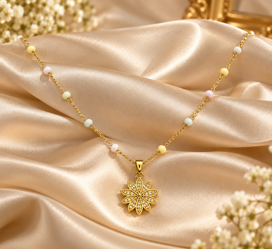Pastel Beaded Gold-Tone Necklace with Floral Pendant