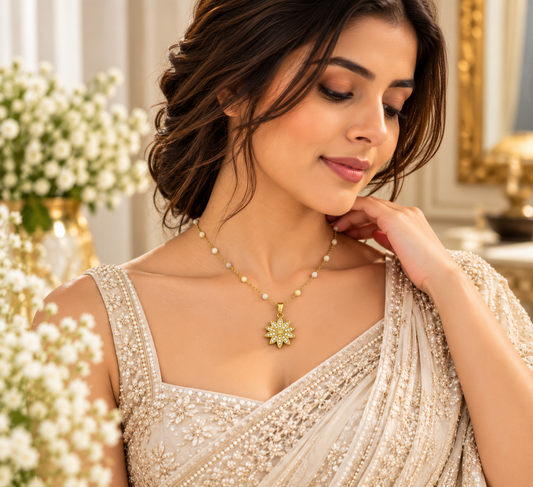 Pastel Beaded Gold-Tone Necklace with Floral Pendant
