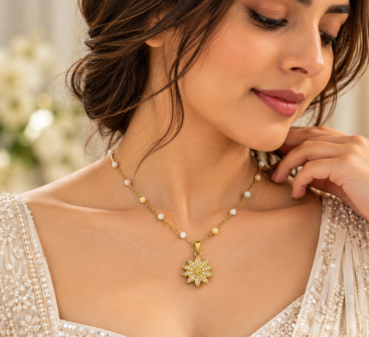 Pastel Beaded Gold-Tone Necklace with Floral Pendant