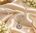 Silver Pearl Beaded Necklace with Floral Crystal Pendant