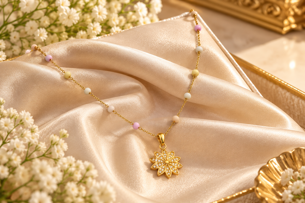 Pastel Beaded Gold Necklace with Sparkling Floral Pendant