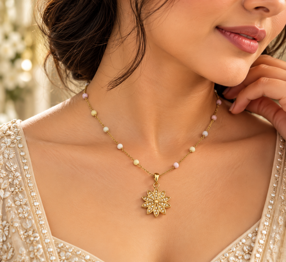 Pastel Beaded Gold Necklace with Sparkling Floral Pendant