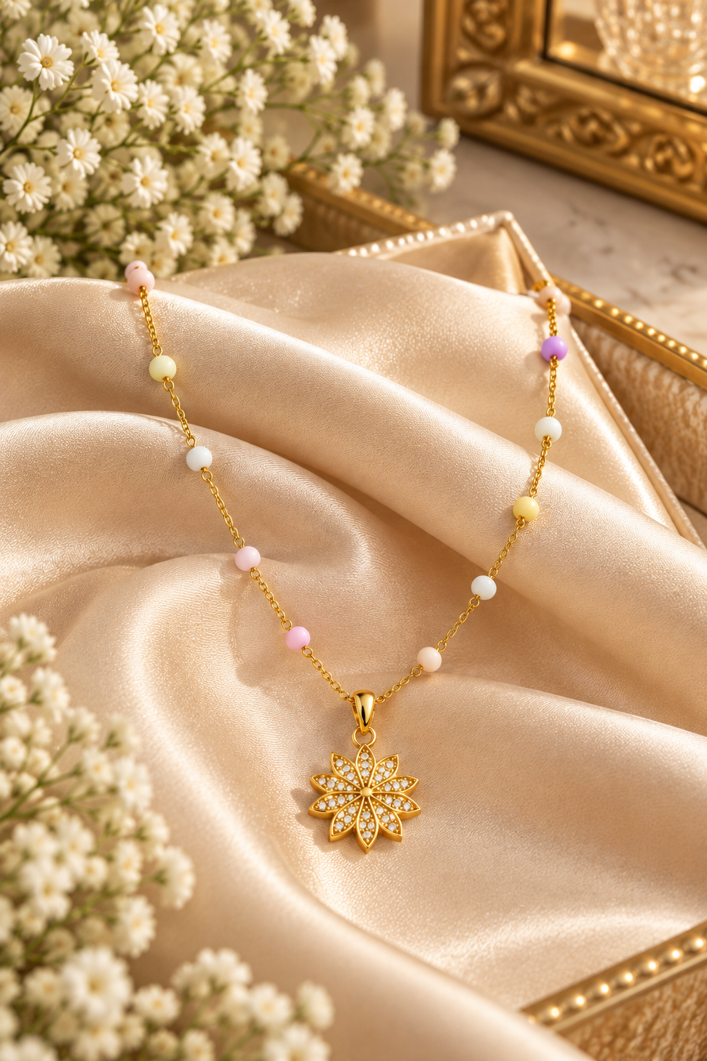 Pastel Beaded Gold Necklace with Sparkling Floral Pendant