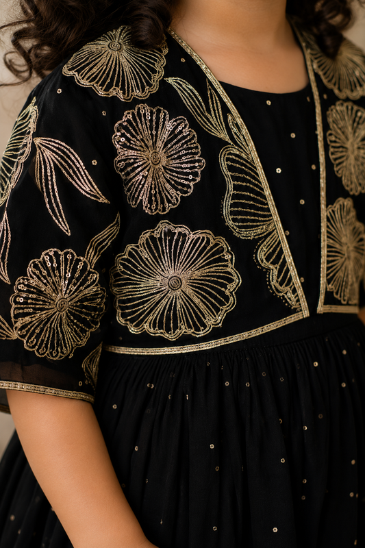 Black Gold Floral Embroidered Girls Festive Dress