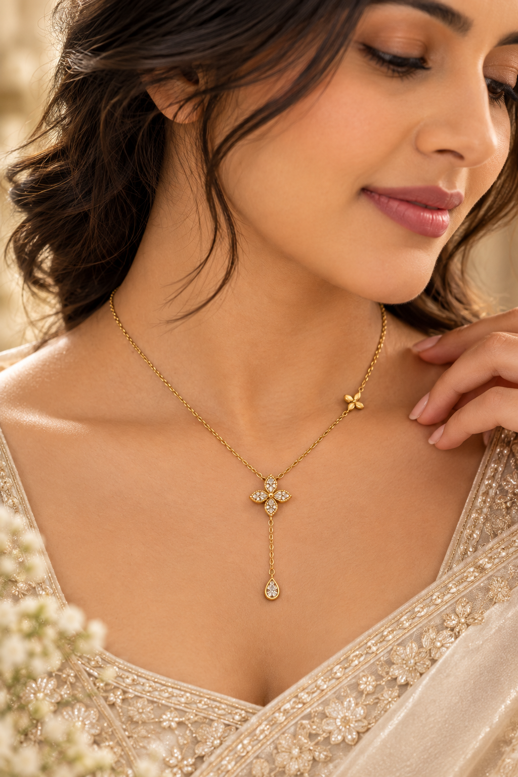 Gold-Tone Floral Pendant Necklace with Teardrop Charm