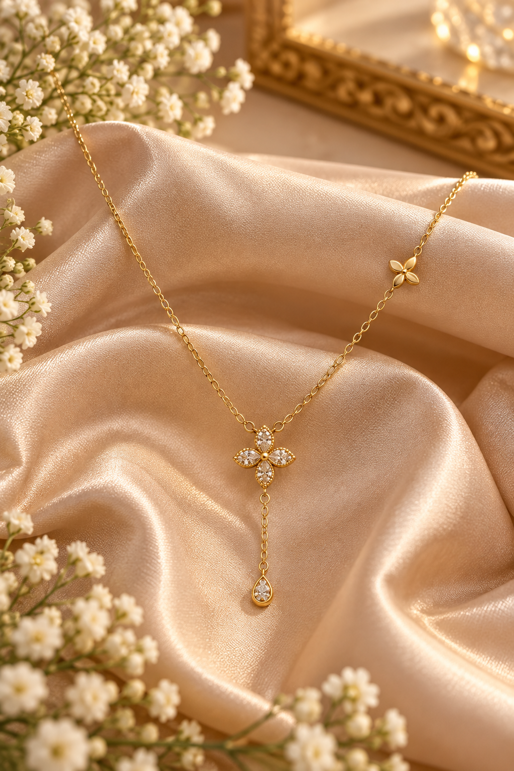 Gold-Tone Floral Pendant Necklace with Teardrop Charm