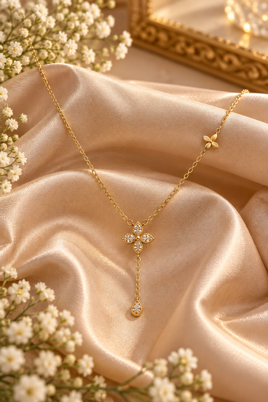 Gold-Tone Floral Pendant Necklace with Teardrop Charm