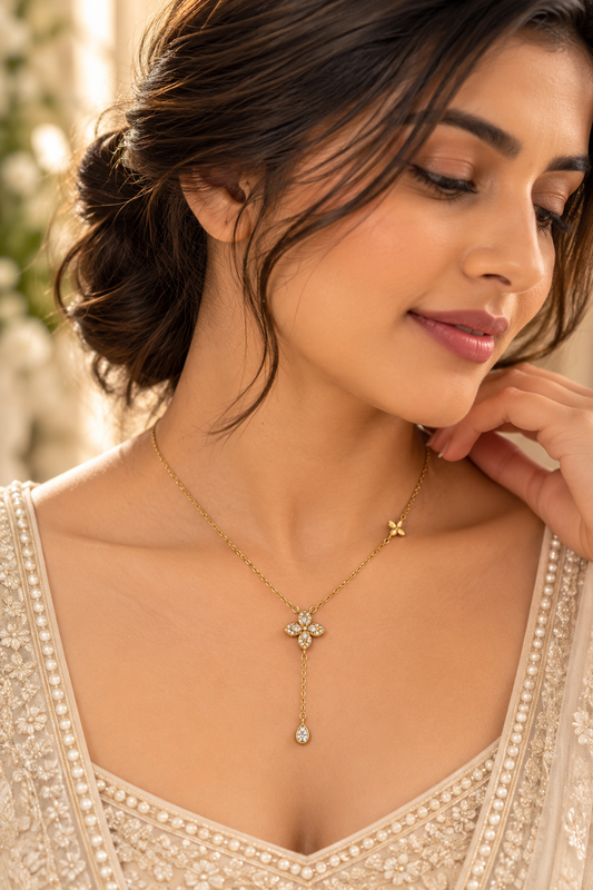 Gold-Tone Floral Pendant Necklace with Teardrop Charm