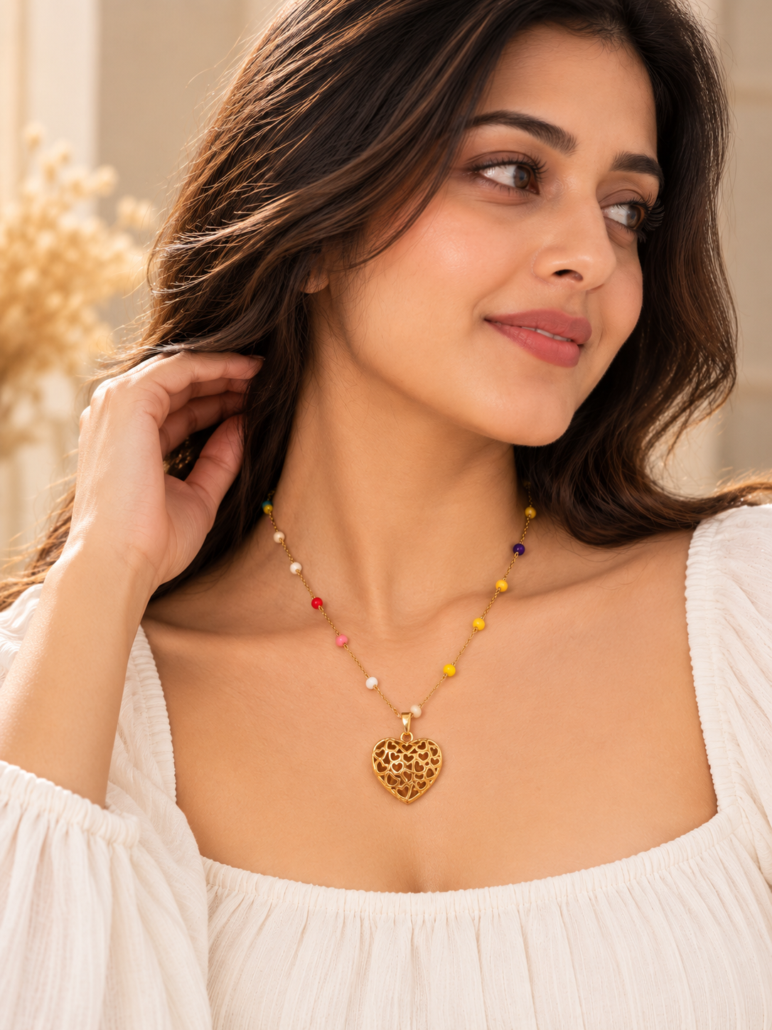 Gold-Tone Multicolor Beaded Heart Pendant Necklace