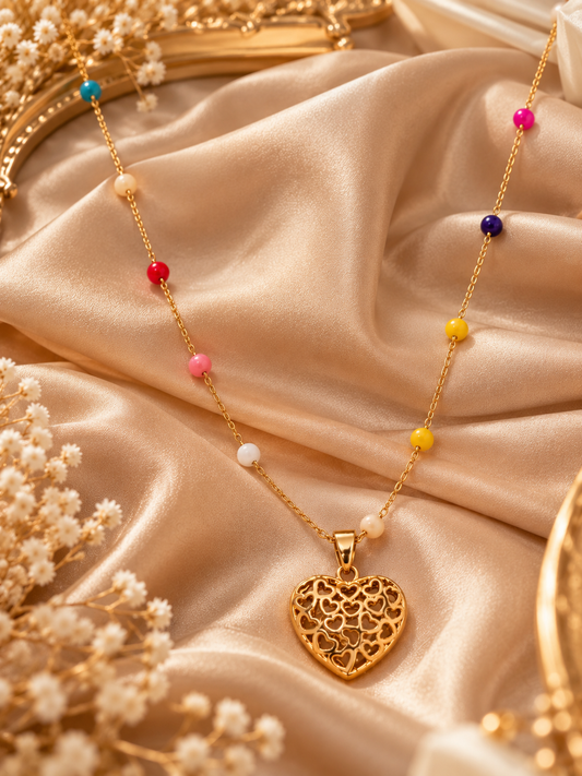 Gold-Tone Multicolor Beaded Heart Pendant Necklace