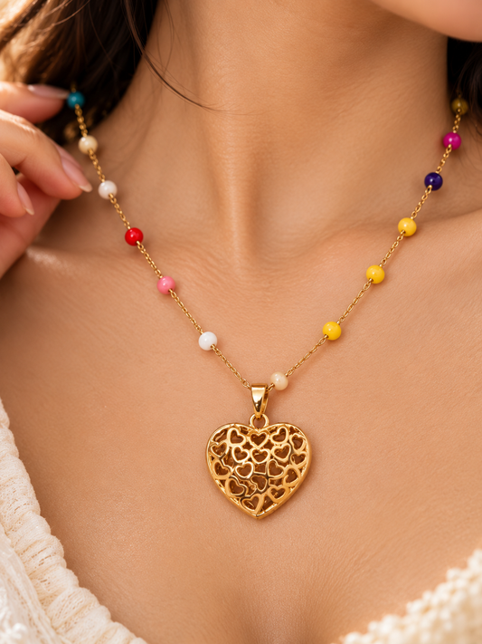 Gold-Tone Multicolor Beaded Heart Pendant Necklace