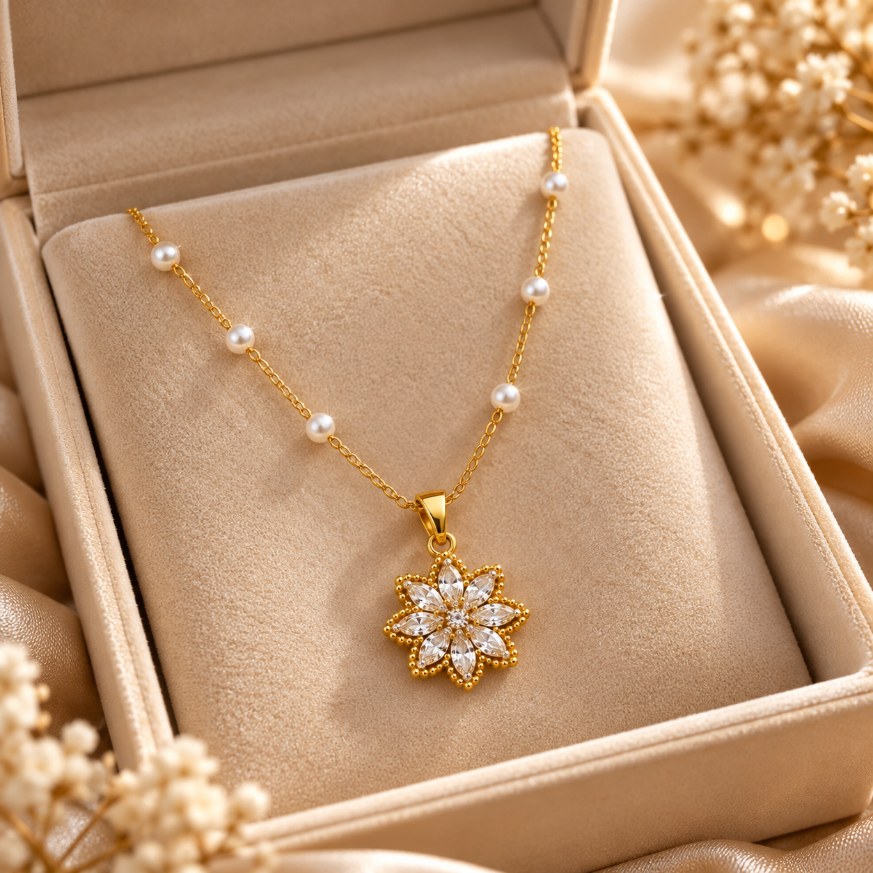 Gold Pearl Flower Pendant Necklace