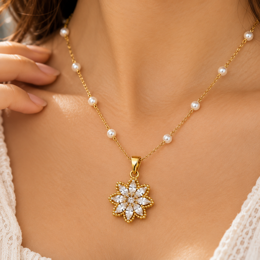 Gold Pearl Flower Pendant Necklace
