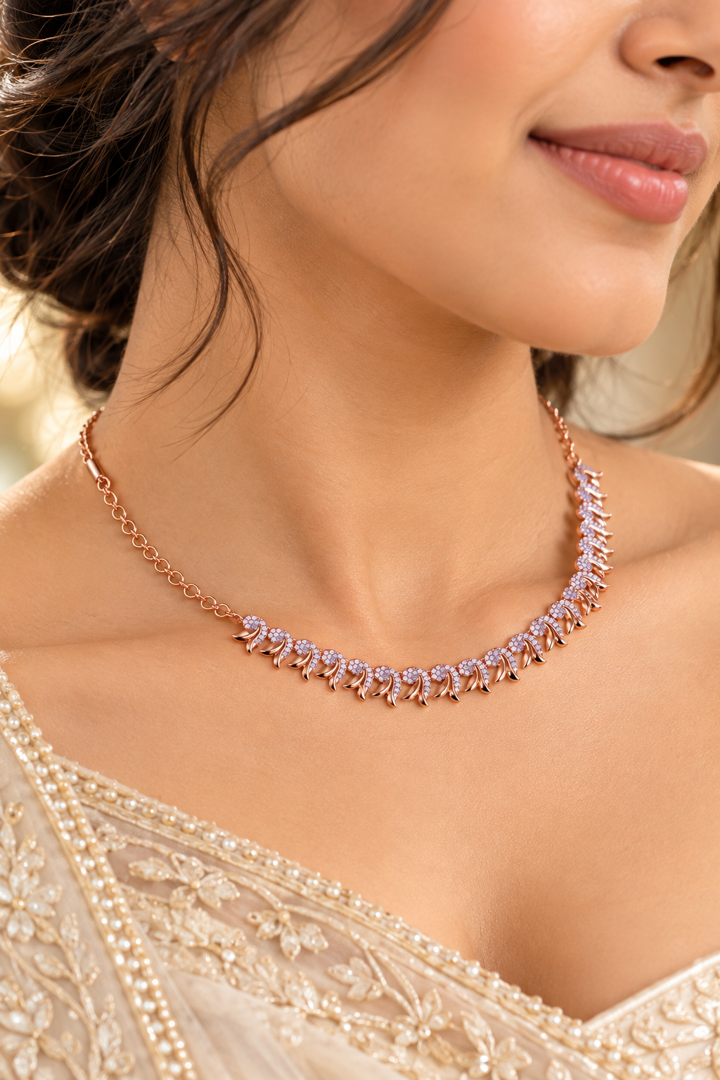 Delicate Purple Stone Necklace in Rose Gold Tone – Party & Occasion Wear