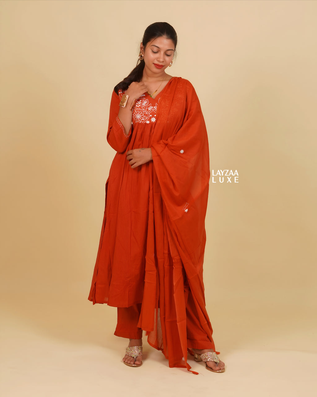 Grace in Crimson:  Premium Mul Cotton Ethnic Wear