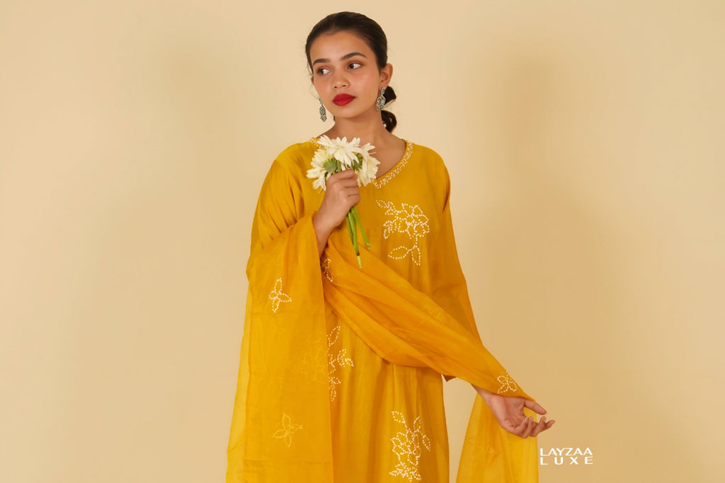 Minimalist Golden Yellow Ethnic Wear with Thread Embroidery