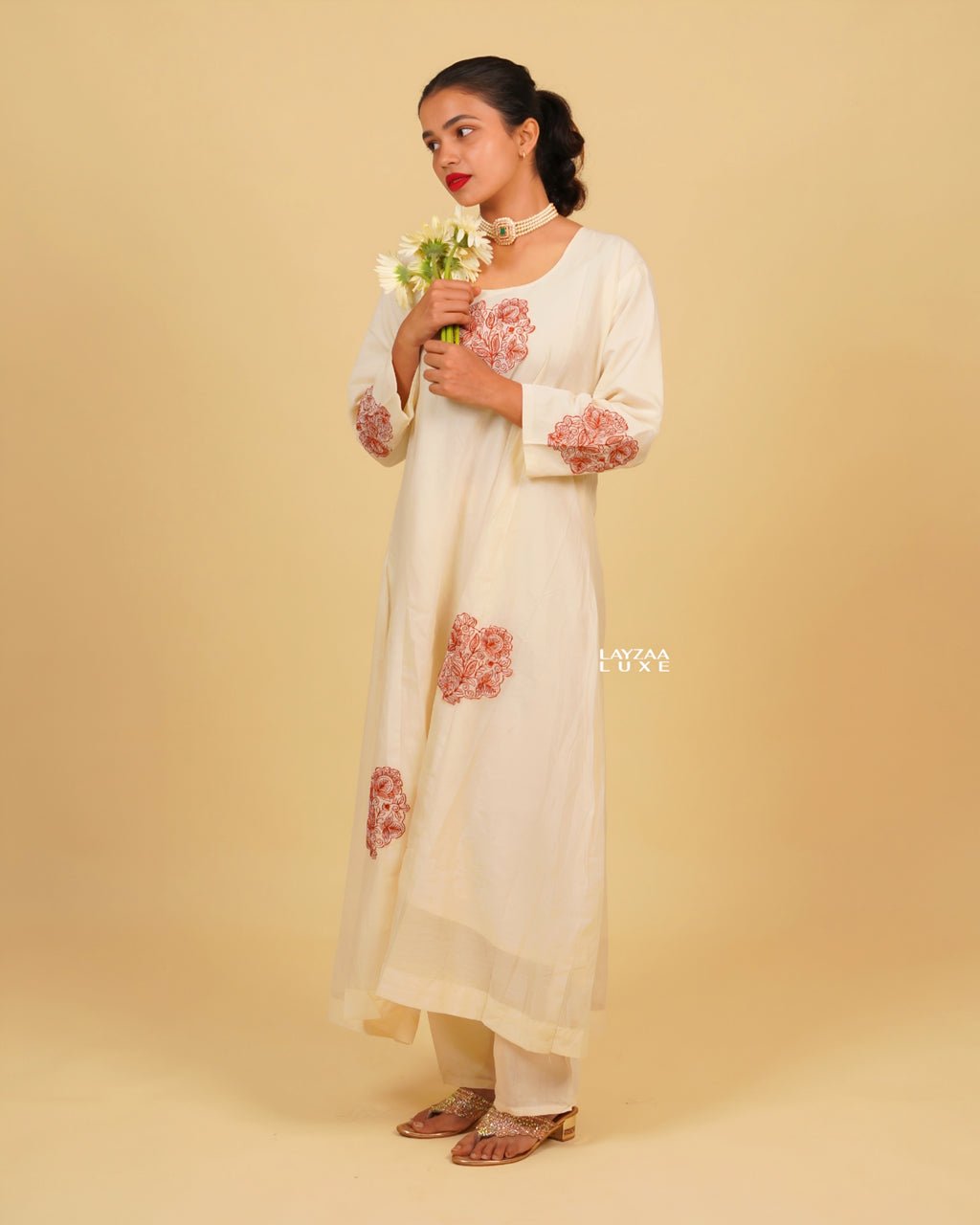 Cotton Silk Tapered Suit Set- Offwhite with Maroon Red