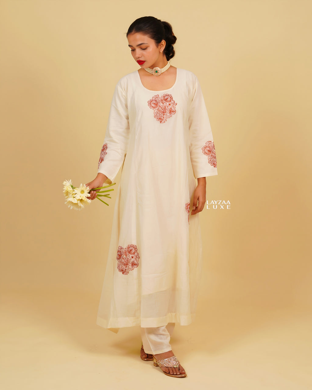 Cotton Silk Tapered Suit Set- Offwhite with Maroon Red