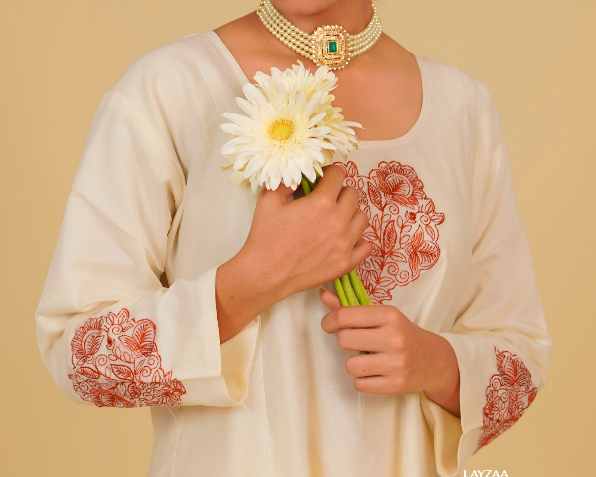 Cotton Silk Tapered Suit Set- Offwhite with Maroon Red