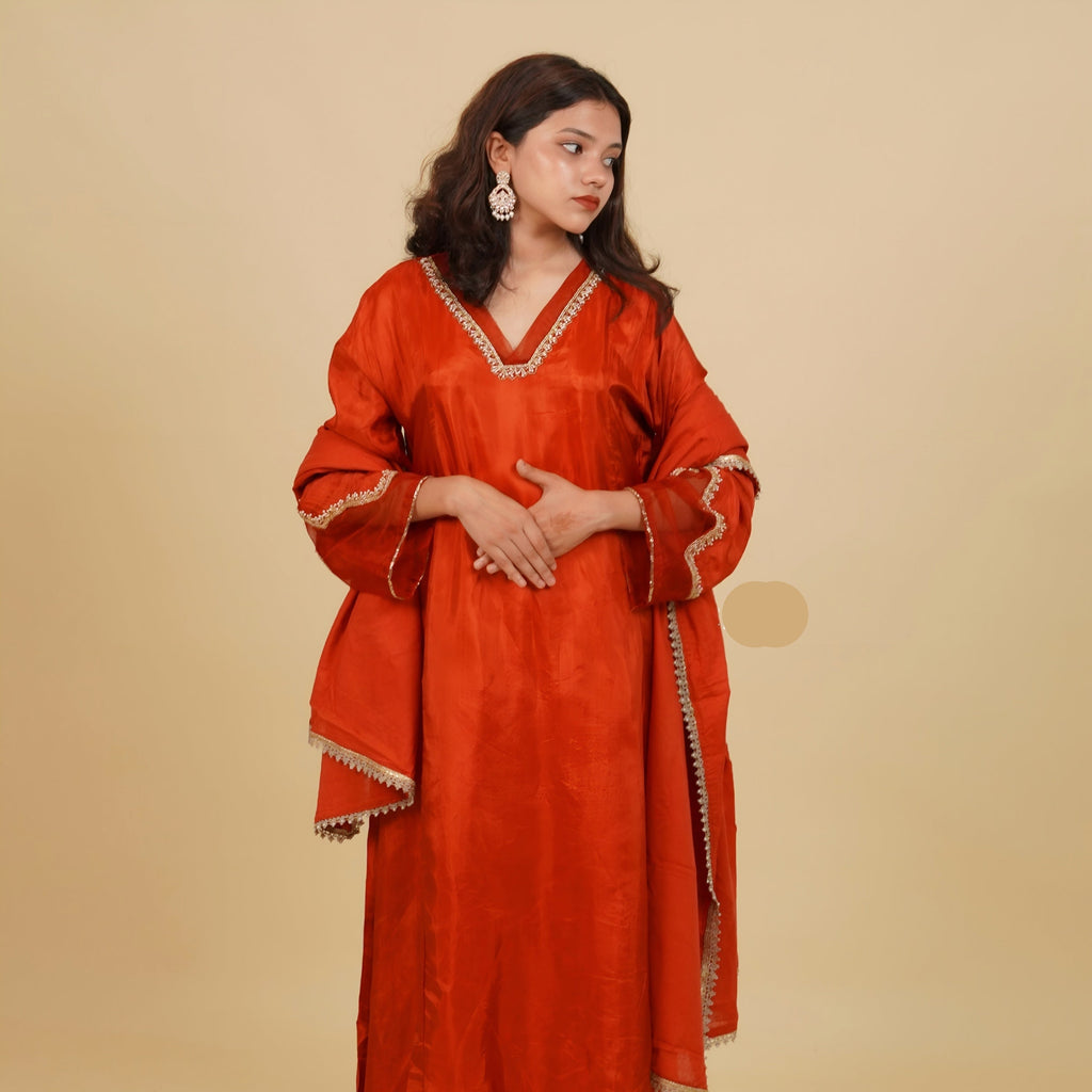 Artisanal V-Neck Embroidered Red Silk Set | Luxury Ethnic Clothing