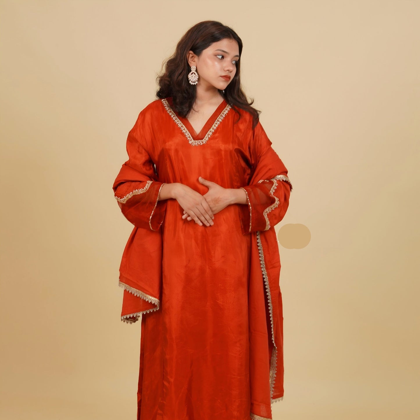 Artisanal V-Neck Embroidered Red Silk Set | Luxury Ethnic Clothing