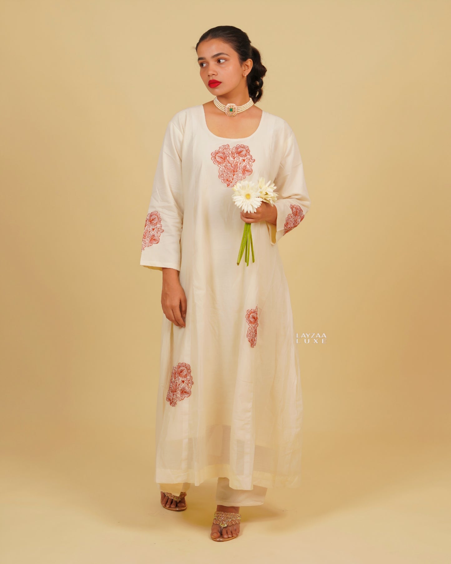 Cotton Silk Tapered Suit Set- Offwhite with Maroon Red