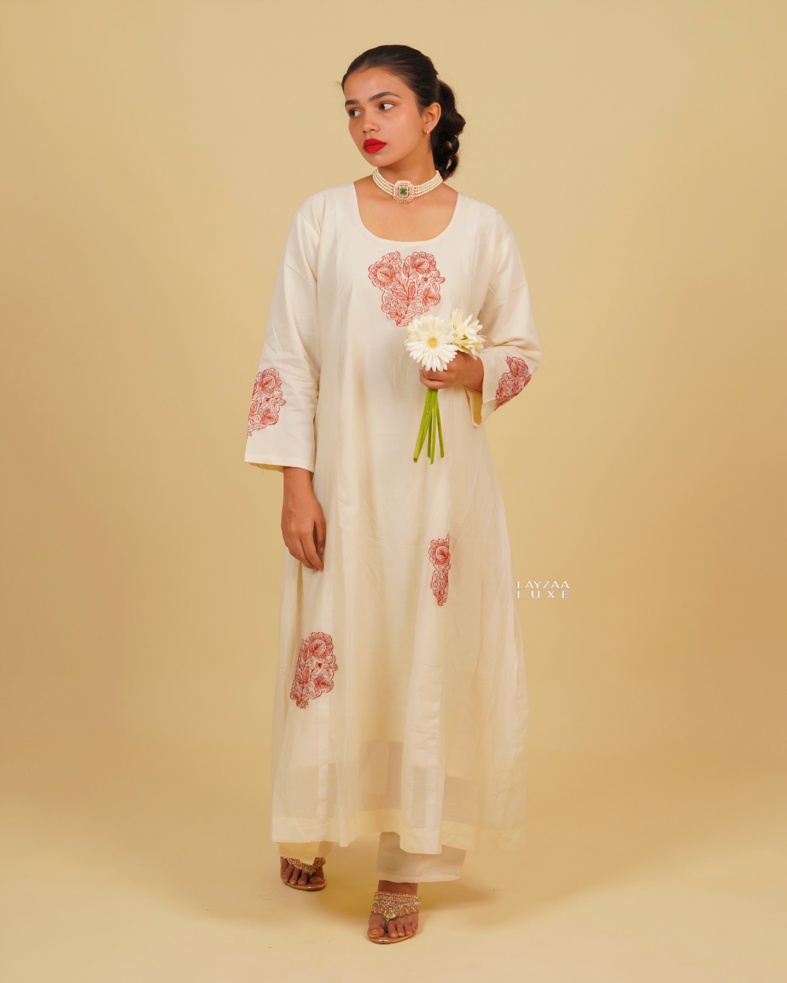 Cotton Silk Tapered Suit Set- Offwhite with Maroon Red