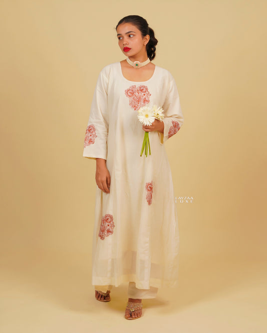 Cotton Silk Tapered Suit Set- Offwhite with Maroon Red