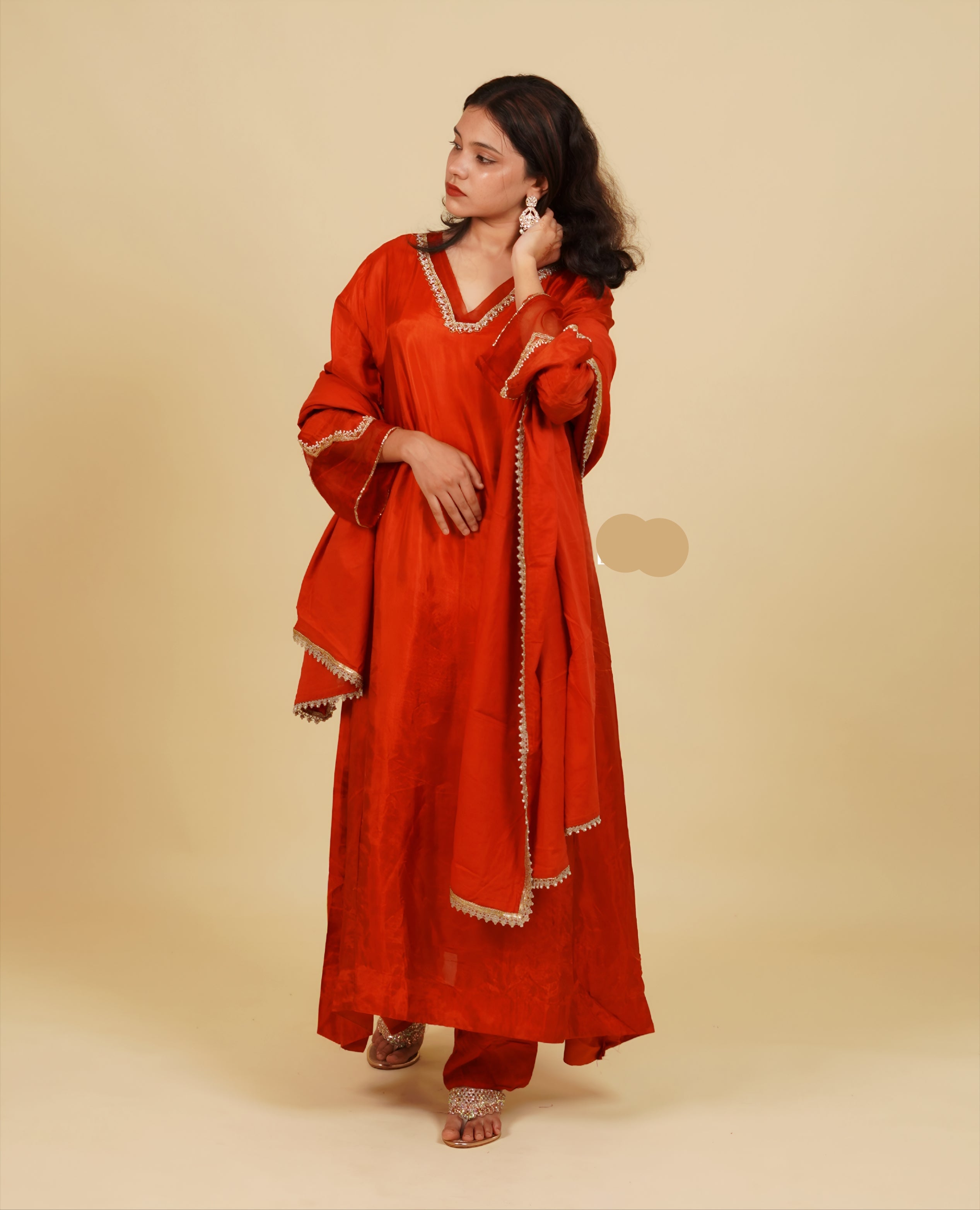Artisanal V-Neck Embroidered Red Silk Set | Luxury Ethnic Clothing