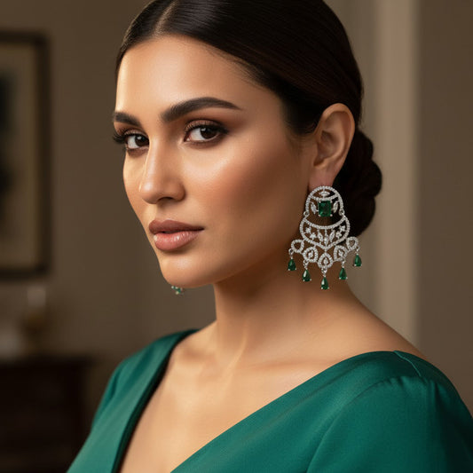 Antique Silver Chandelier Earrings with Green Stones | Elegant Imitation Jewelry for Women