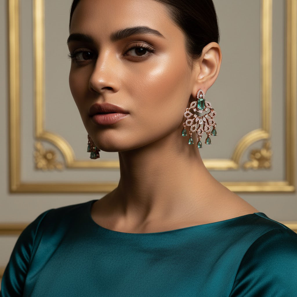 Luxury Rose Gold Earrings | Green Gemstone artificial Chandelier Design