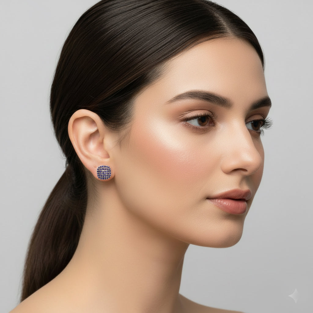 Silver Square Stud Earrings with Purple Stones | Elegant Imitation Jewelry for Women