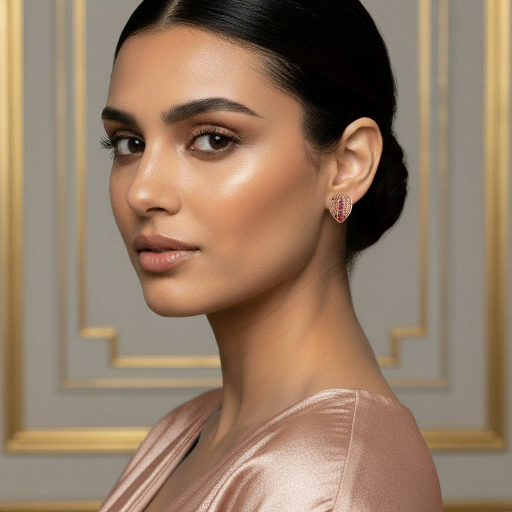 Rose Gold Drop-Shape Earrings with Ruby-Tone Stones | Elegant artificial Jewelry for Women