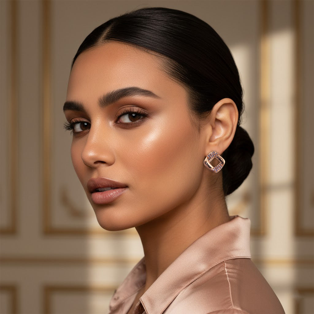 Elegant Rose Gold Square Stud Earrings with Sparkling Stones | artificial Jewelry for Women