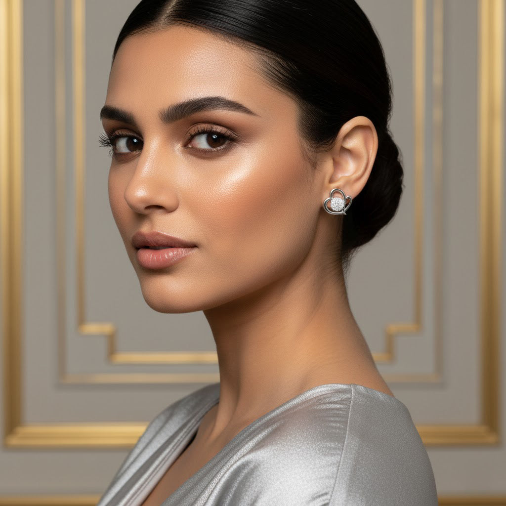 Sparkling Silver Heart Stud Earrings with White Stones | Elegant artificial Jewelry for Women