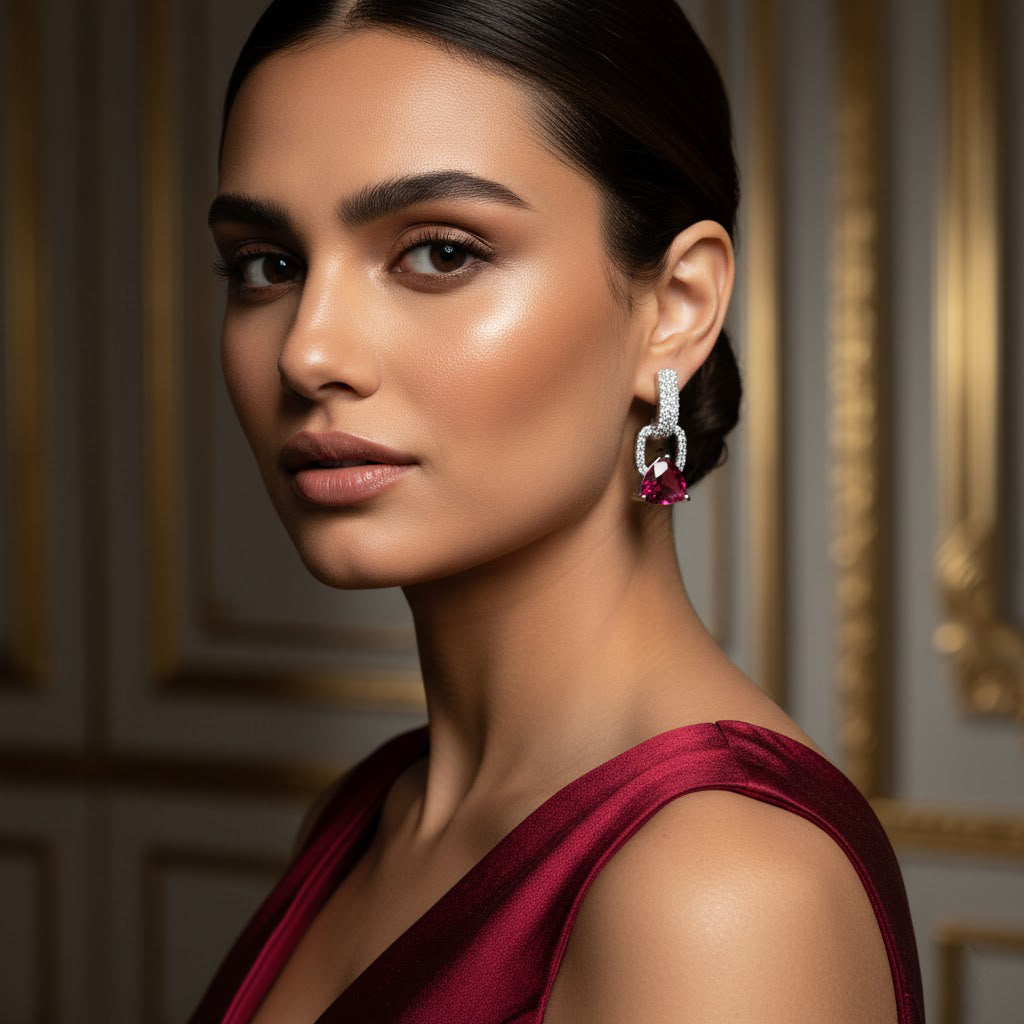 Elegant Silver Tone Earrings – Red Stone and White Crystal Design