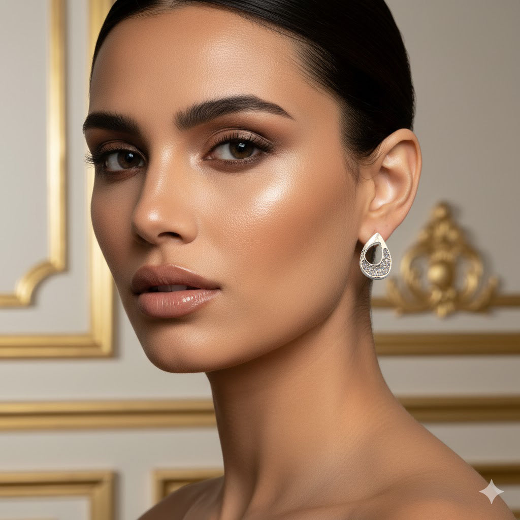 Elegant Silver-Tone Teardrop Stud Earrings with Sparkling White Stones | artificial Jewelry