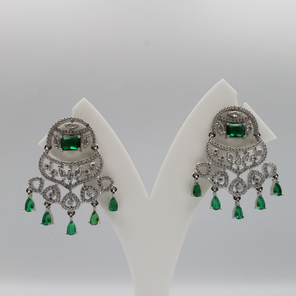 Antique Silver Chandelier Earrings with Green Stones | Elegant Imitation Jewelry for Women