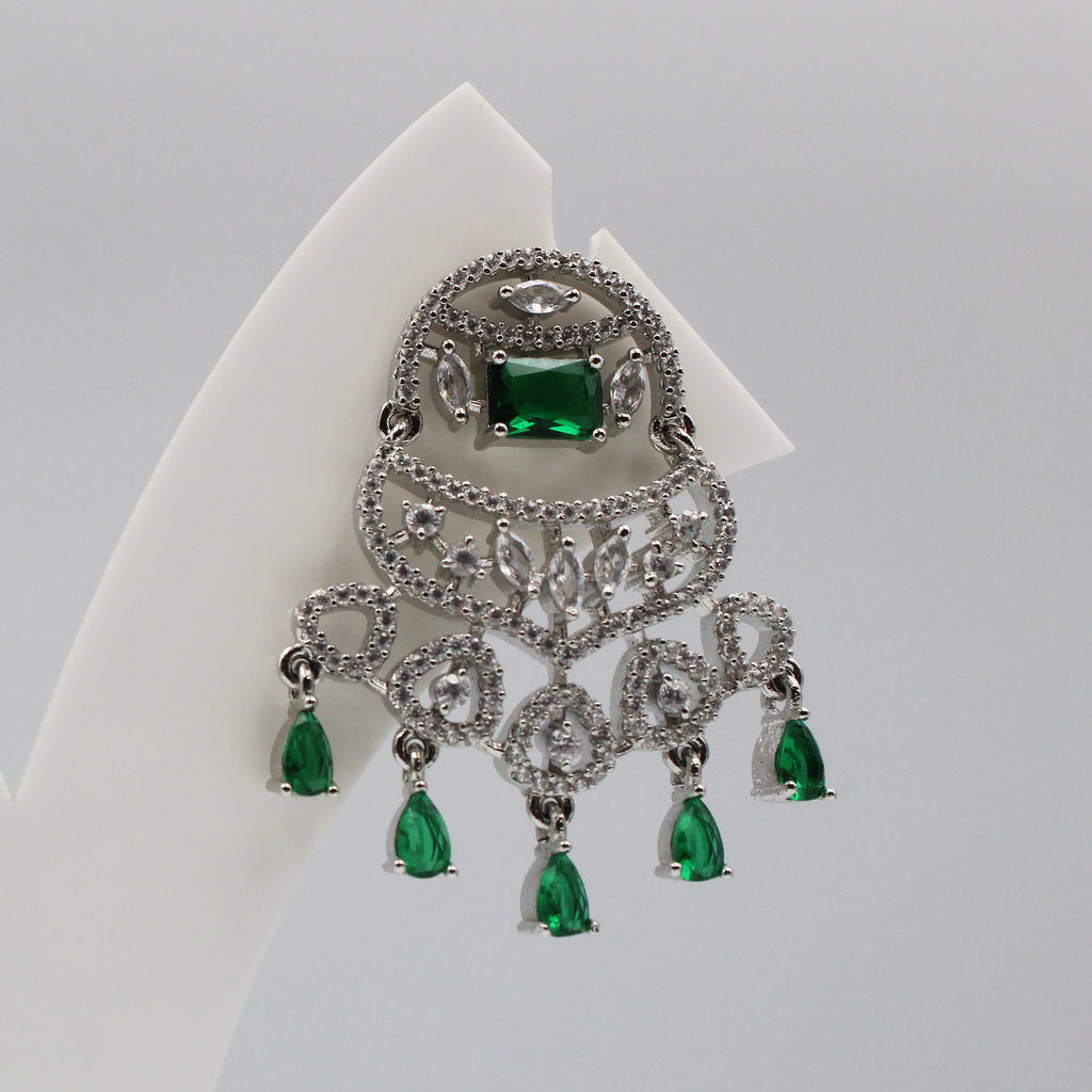 Antique Silver Chandelier Earrings with Green Stones | Elegant Imitation Jewelry for Women