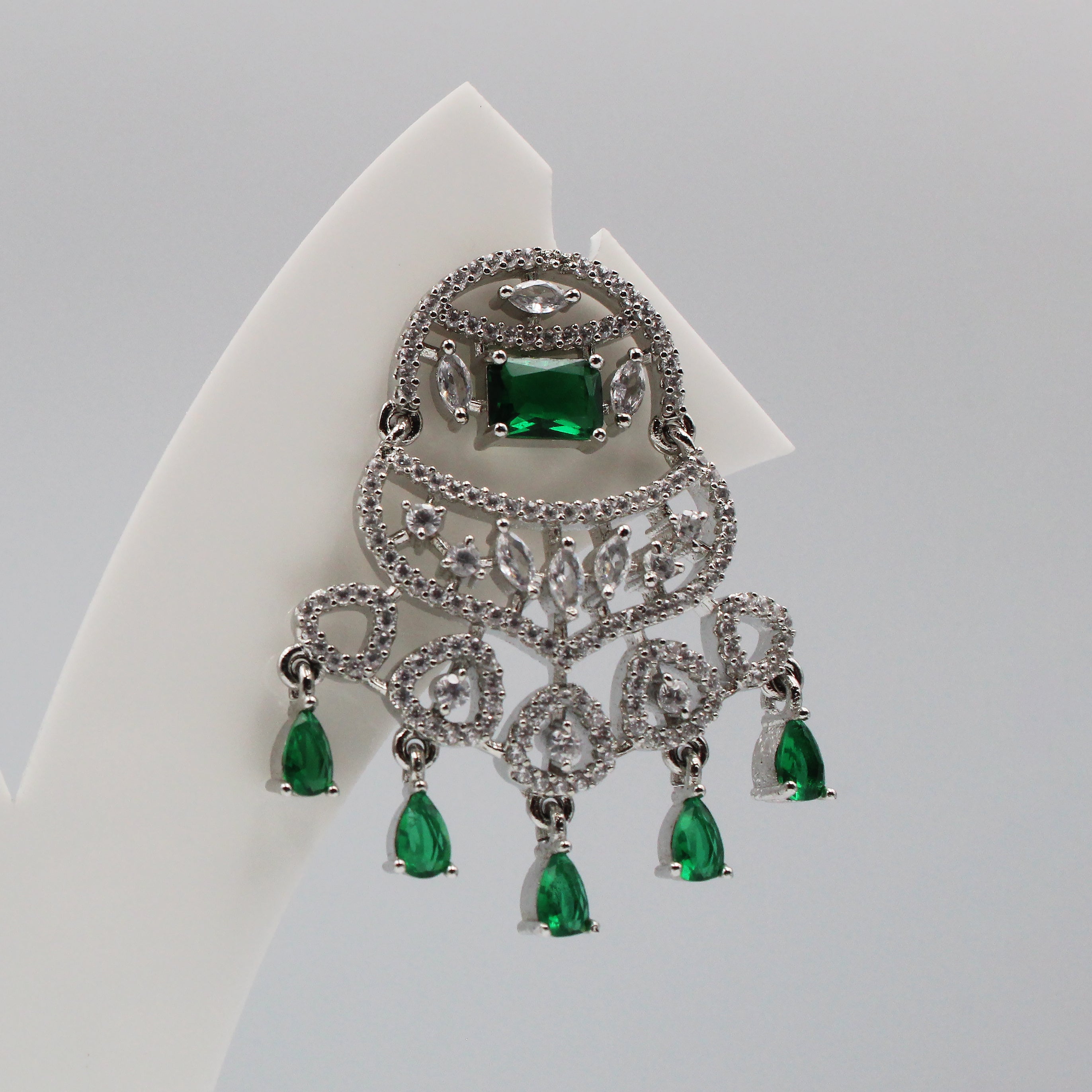 Antique Silver Chandelier Earrings with Green Stones | Elegant Imitation Jewelry for Women
