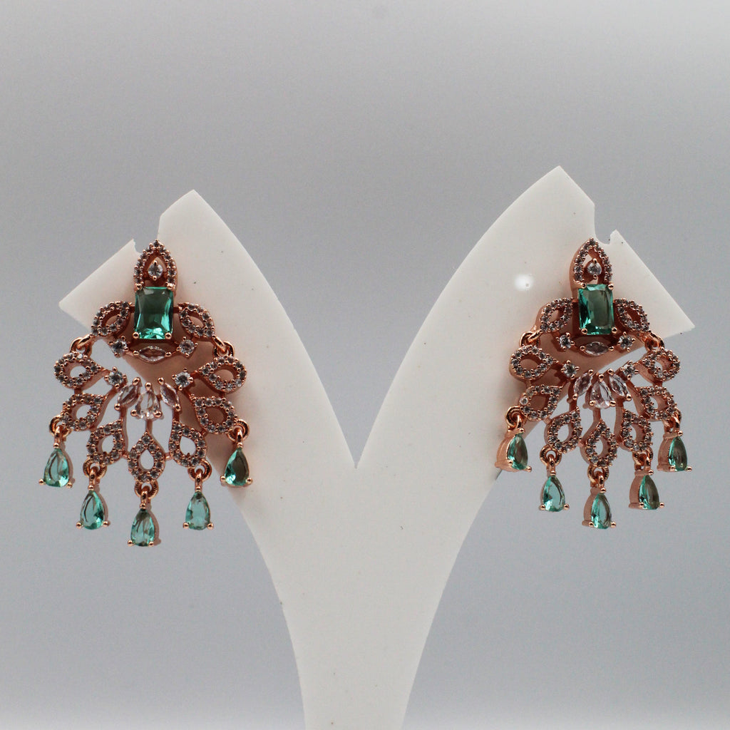 Luxury Rose Gold Earrings | Green Gemstone artificial Chandelier Design